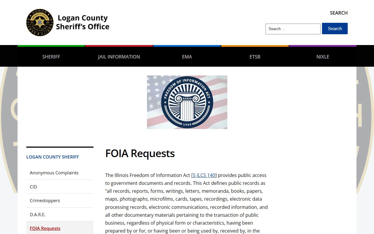 Logan County Sheriff FOIA page for requesting jail and arrest records