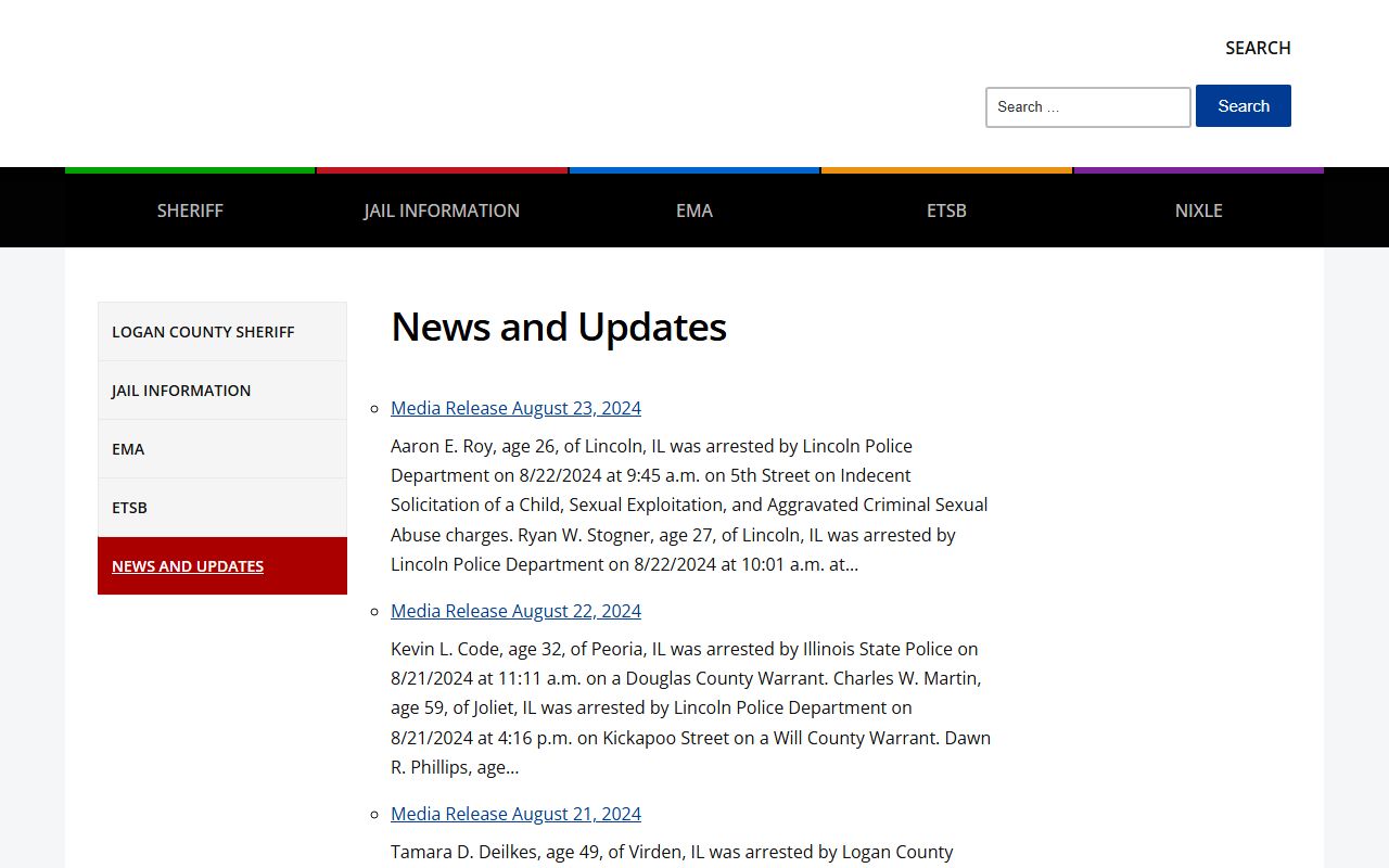 Logan County Sheriff media release page showing arrest records detail