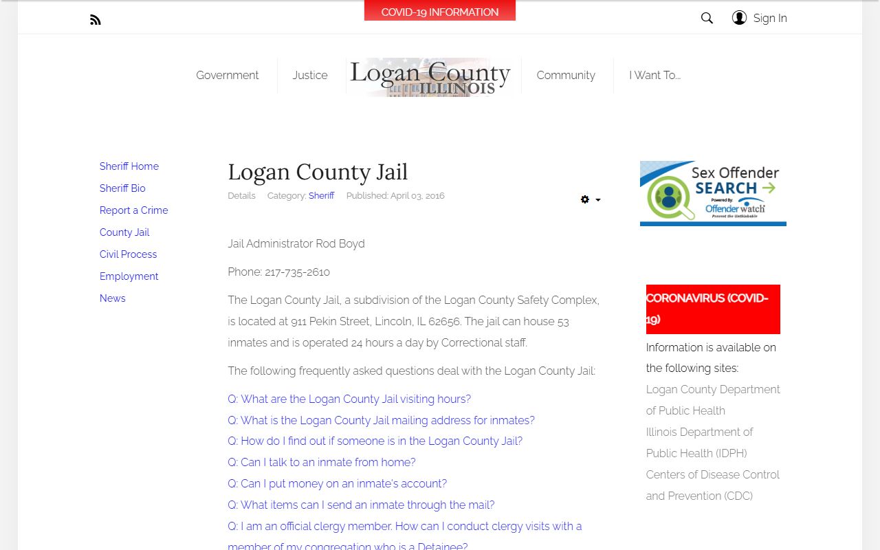 Logan County jail information page that does not publish jail mugshots