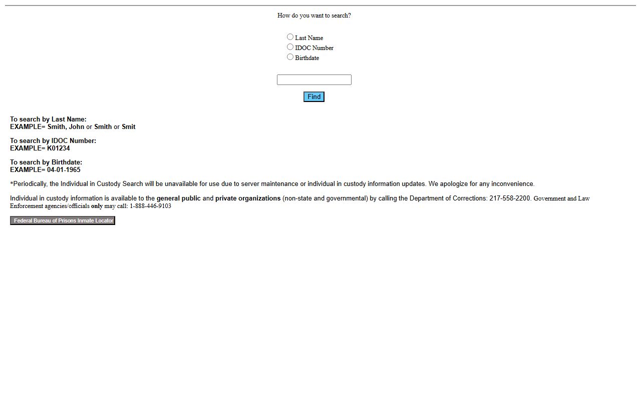 IDOC search form used for Logan County inmate records after sentencing