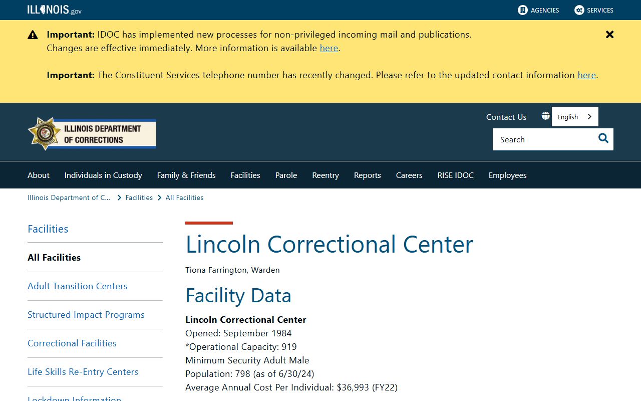 IDOC Lincoln Correctional Center facility page with inmate population data