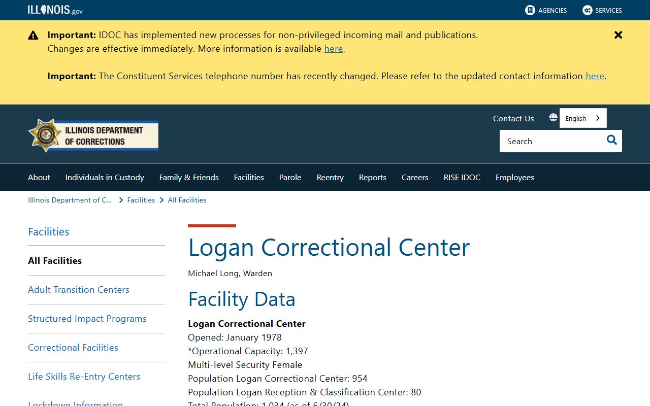 IDOC Logan Correctional Center facility page with inmate population data